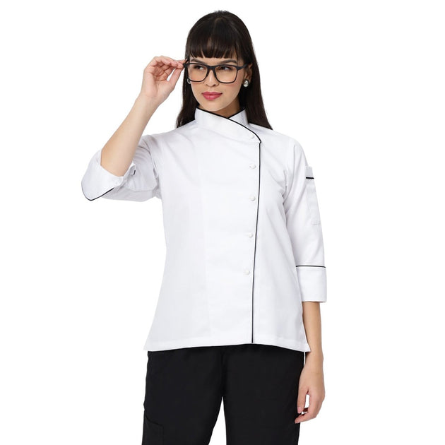 Classic Women Full Sleeve Chef Coat (White/Black) - Free Embroidery - Uwears®