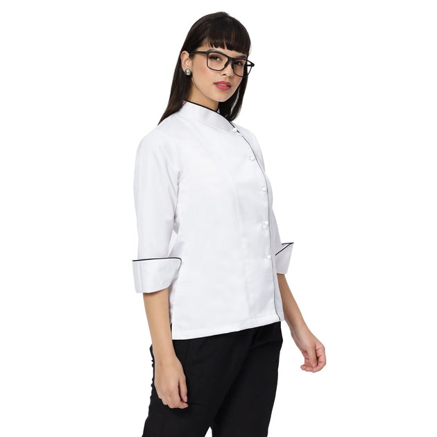 Classic Women Full Sleeve Chef Coat (White/Black) - Free Embroidery - Uwears®