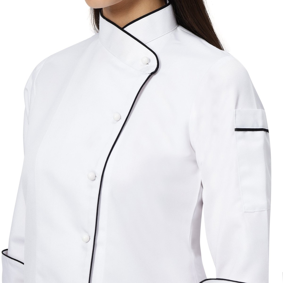 Classic Women Full Sleeve Chef Coat (White/Black) - Free Embroidery - Uwears®