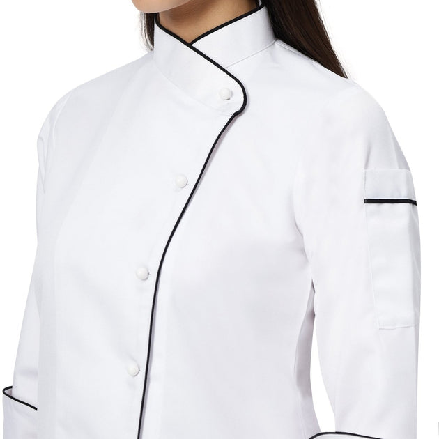 Classic Women Full Sleeve Chef Coat (White/Black) - Free Embroidery - Uwears®