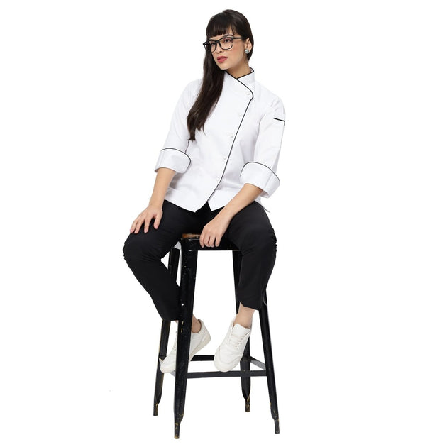 Classic Women Full Sleeve Chef Coat (White/Black) - Free Embroidery - Uwears®