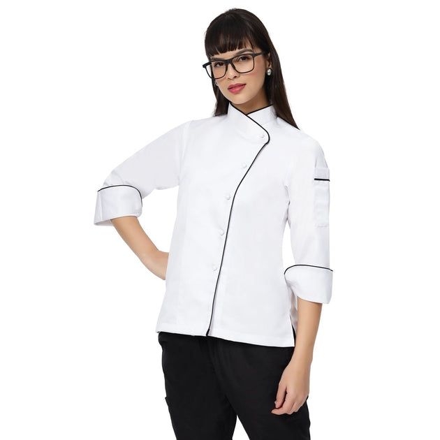 Classic Women Full Sleeve Chef Coat (White/Black) - Free Embroidery - Uwears®