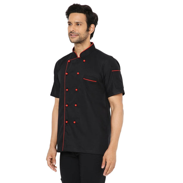Cotton Half Sleeve Chef Coat (Black/Red) - Free Embroidery - Uwears®