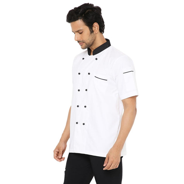 Cotton Half Sleeve Chef Coat (White/Black) - Free Embroidery - Uwears®