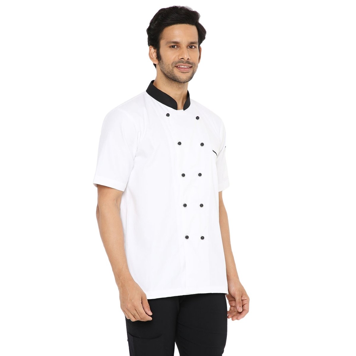 Cotton Half Sleeve Chef Coat (White/Black) - Free Embroidery - Uwears®