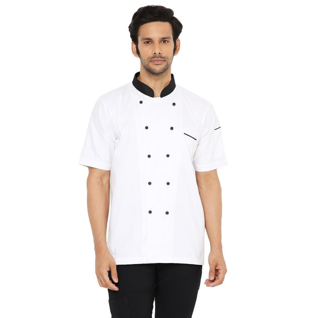 Cotton Half Sleeve Chef Coat (White/Black) - Free Embroidery - Uwears®