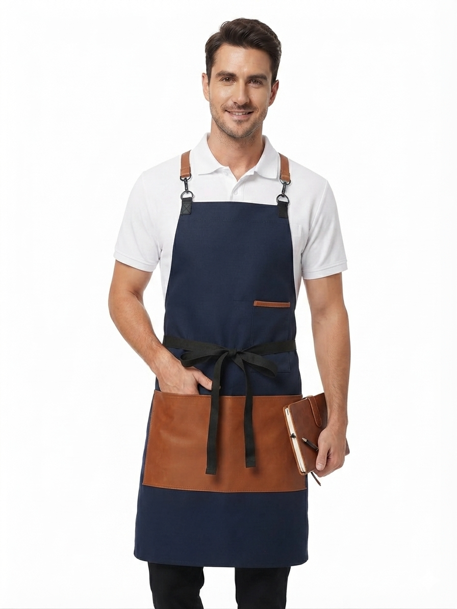 Man wearing Uwears Raymond Navy denim CrossBack apron with tan leatherite pocket panel and brass-buckle straps, front view