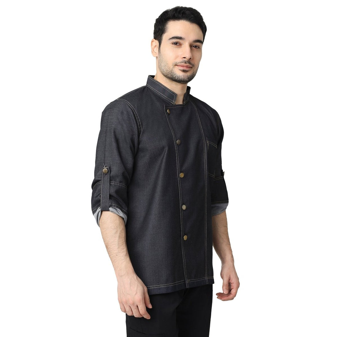 Executive Denim Full Sleeve Chef Coat (Black Grey) - Free Embroidery - Uwears®