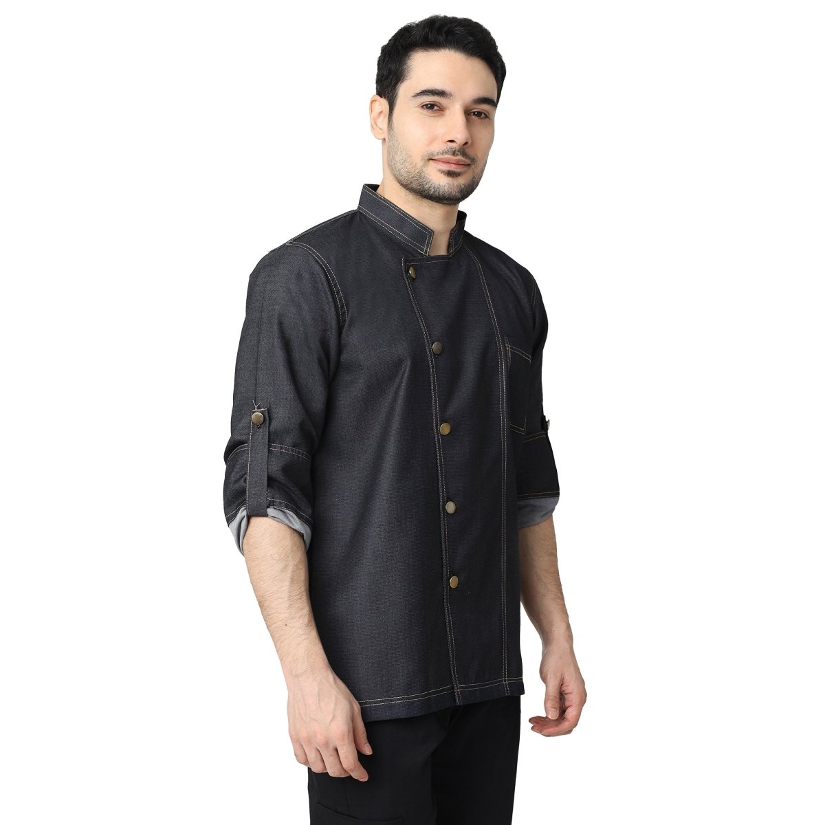 Executive Denim Full Sleeve Chef Coat (Black Grey) - Free Embroidery - Uwears®