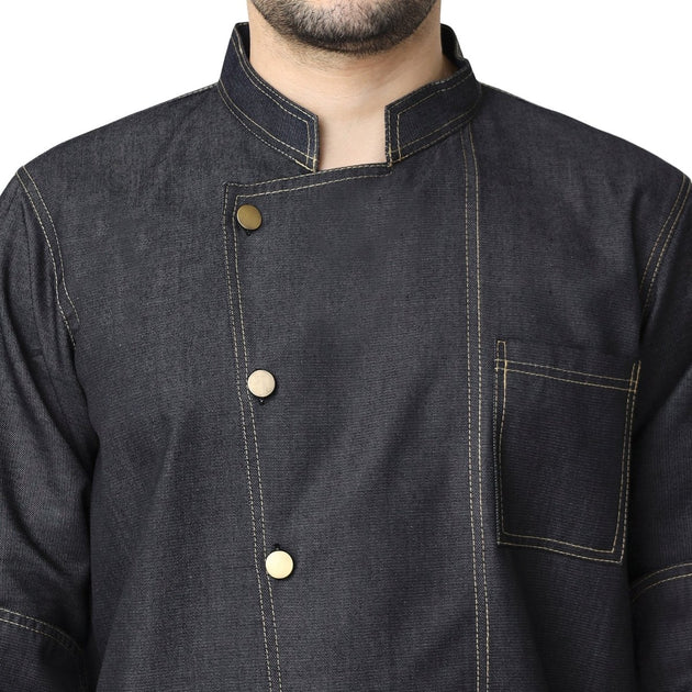 Executive Denim Full Sleeve Chef Coat (Black Grey) - Free Embroidery - Uwears®