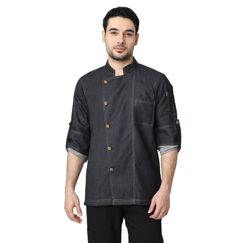 Executive Denim Full Sleeve Chef Coat (Black Grey) - Free Embroidery - Uwears®