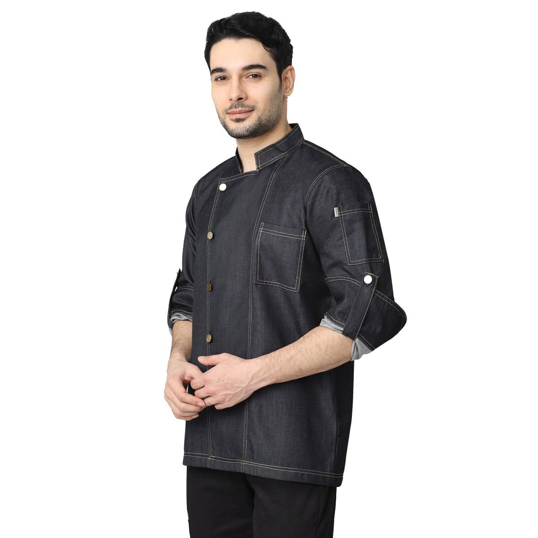 Executive Denim Full Sleeve Chef Coat (Black Grey) - Free Embroidery - Uwears®