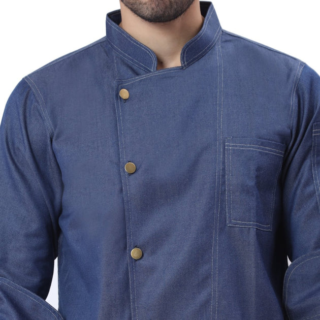 Executive Denim Full Sleeve Chef Coat (Classic Blue) - Free Embroidery - Uwears®