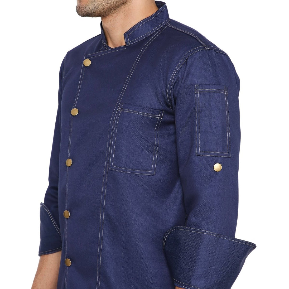 Executive Denim Full Sleeve Chef Coat (Dark Blue) - Free Embroidery - Uwears®