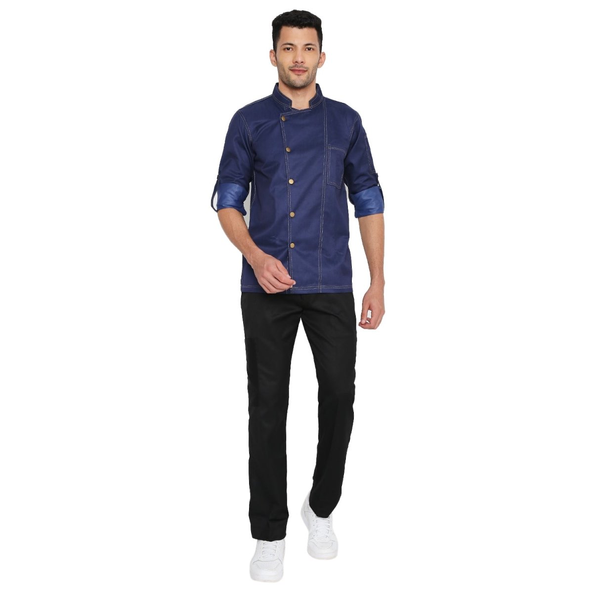 Executive Denim Full Sleeve Chef Coat (Dark Blue) - Free Embroidery - Uwears®