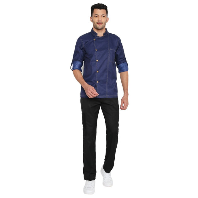 Executive Denim Full Sleeve Chef Coat (Dark Blue) - Free Embroidery - Uwears®