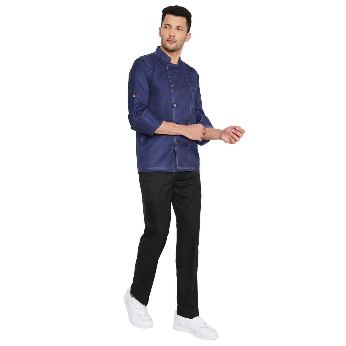 Executive Denim Full Sleeve Chef Coat (Dark Blue) - Free Embroidery - Uwears®