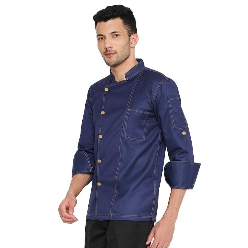 Executive Denim Full Sleeve Chef Coat (Dark Blue) - Free Embroidery - Uwears®
