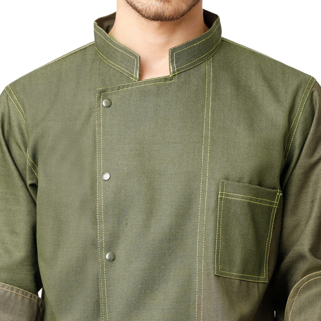 Executive Denim Full Sleeve Chef Coat (Olive Green) - Free Embroidery - Uwears®