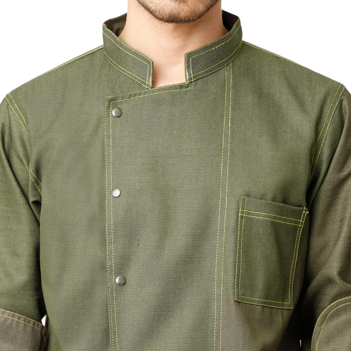 Executive Denim Full Sleeve Chef Coat (Olive Green) - Free Embroidery - Uwears®