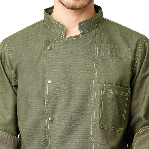 Executive Denim Full Sleeve Chef Coat (Olive Green) - Free Embroidery - Uwears®