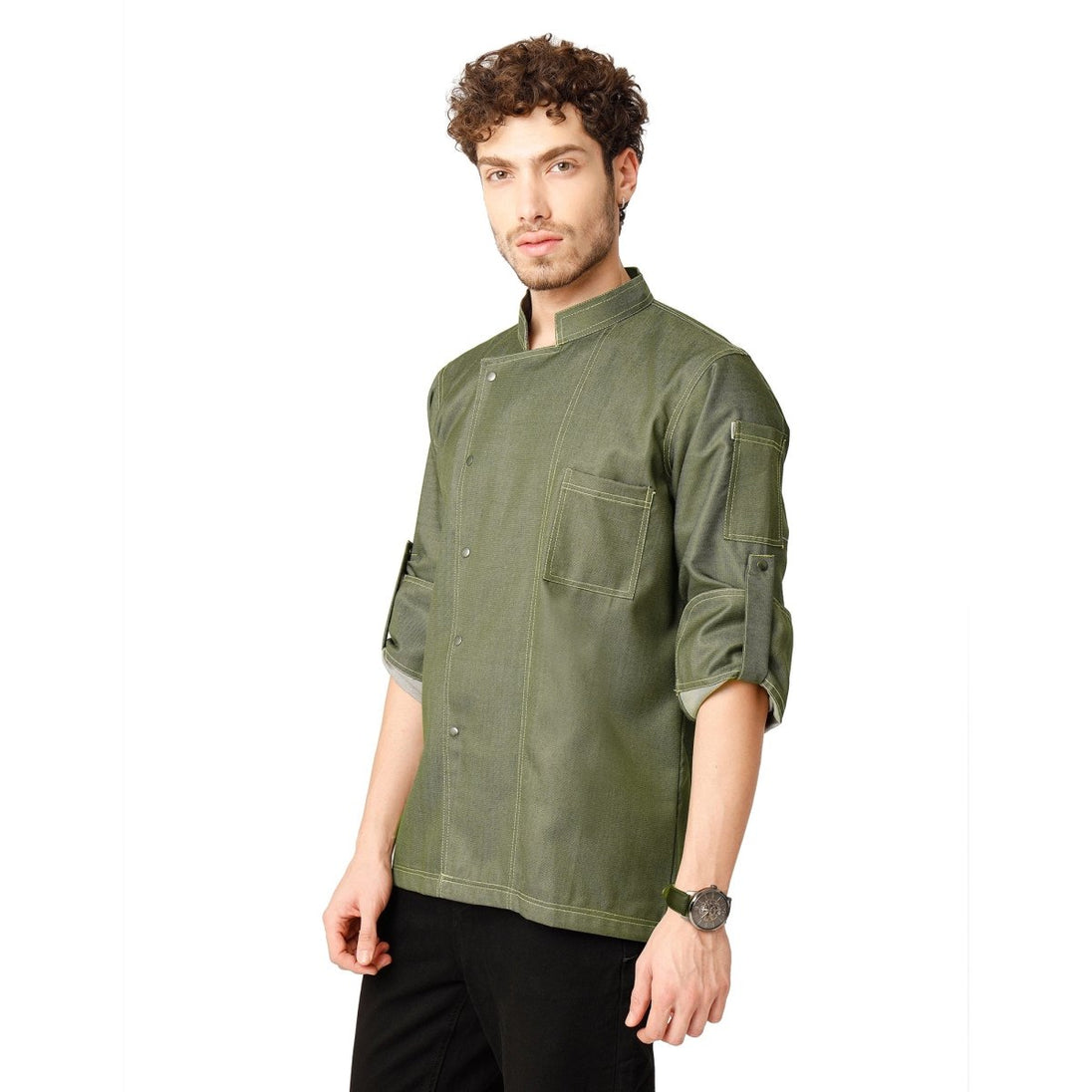 Executive Denim Full Sleeve Chef Coat (Olive Green) - Free Embroidery - Uwears®
