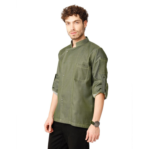 Executive Denim Full Sleeve Chef Coat (Olive Green) - Free Embroidery - Uwears®