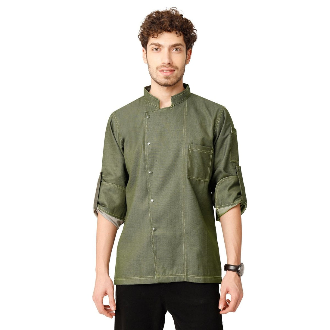 Executive Denim Full Sleeve Chef Coat (Olive Green) - Free Embroidery - Uwears®