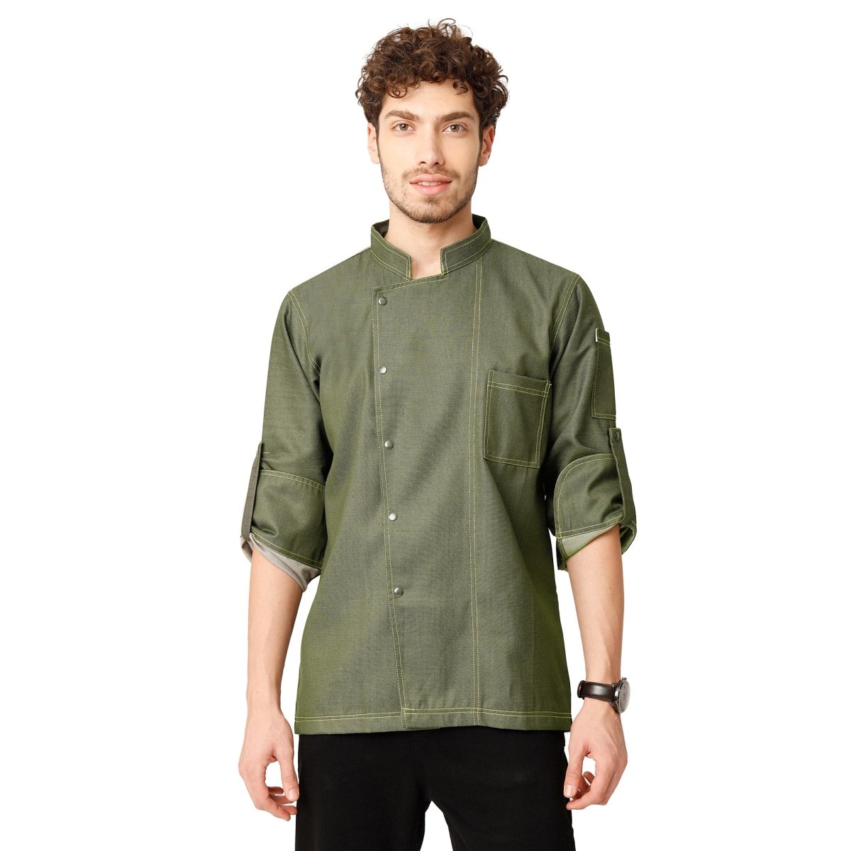 Executive Denim Full Sleeve Chef Coat (Olive Green) - Free Embroidery - Uwears®