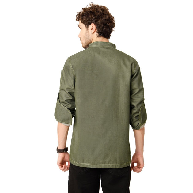 Executive Denim Full Sleeve Chef Coat (Olive Green) - Free Embroidery - Uwears®