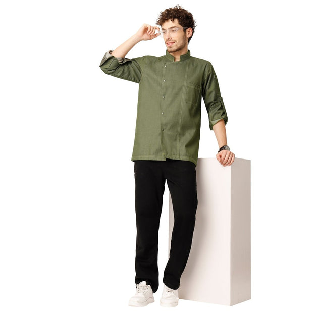 Executive Denim Full Sleeve Chef Coat (Olive Green) - Free Embroidery - Uwears®