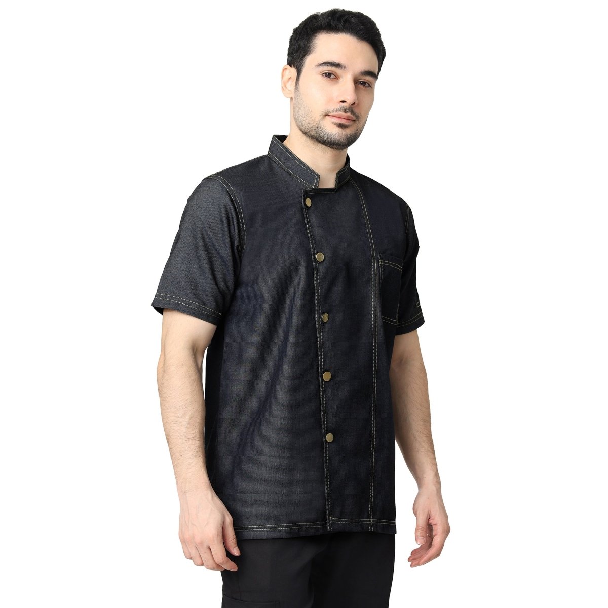 Executive Denim Half Sleeve Chef Coat (Black Grey) - Free Embroidery - Uwears®