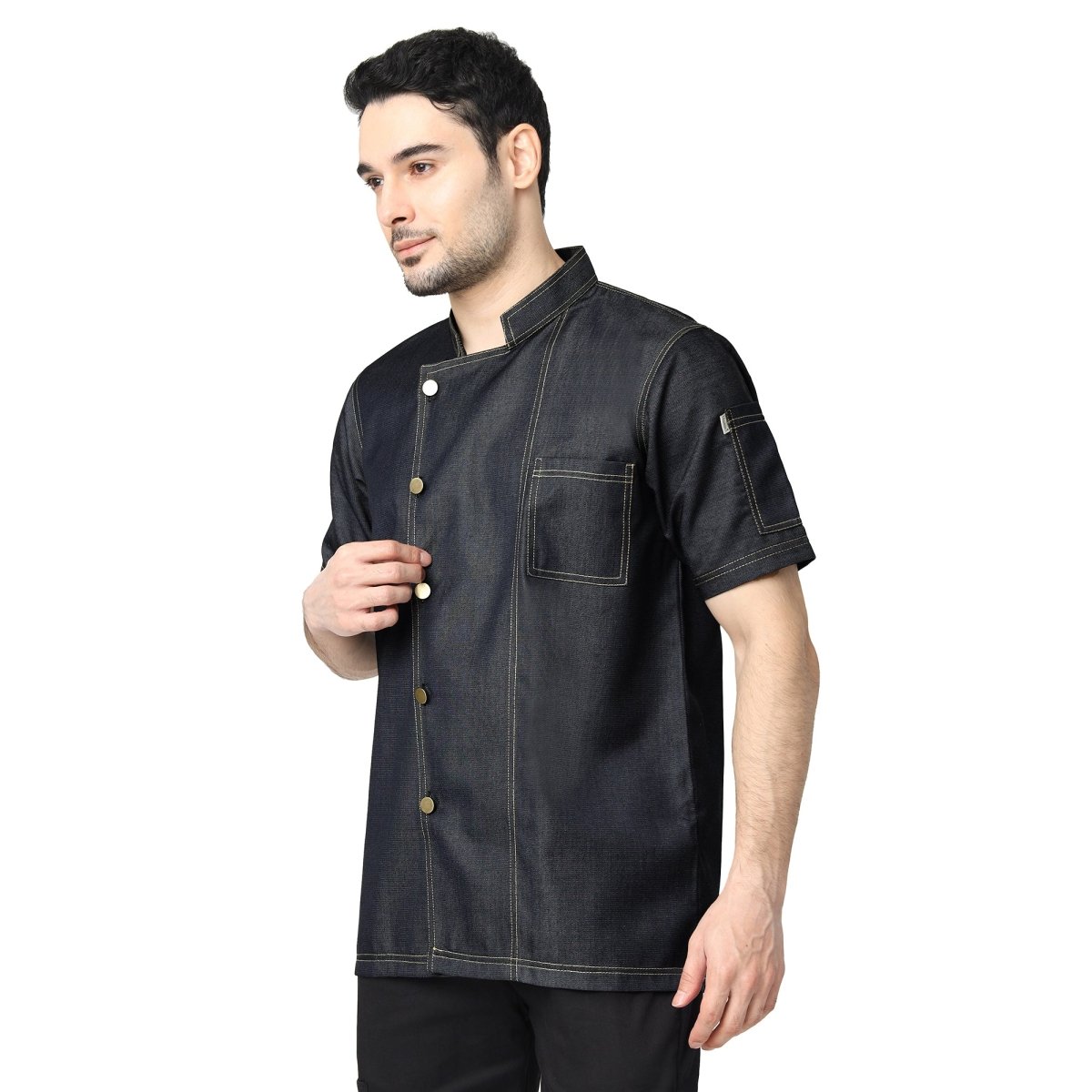 Executive Denim Half Sleeve Chef Coat (Black Grey) - Free Embroidery - Uwears®