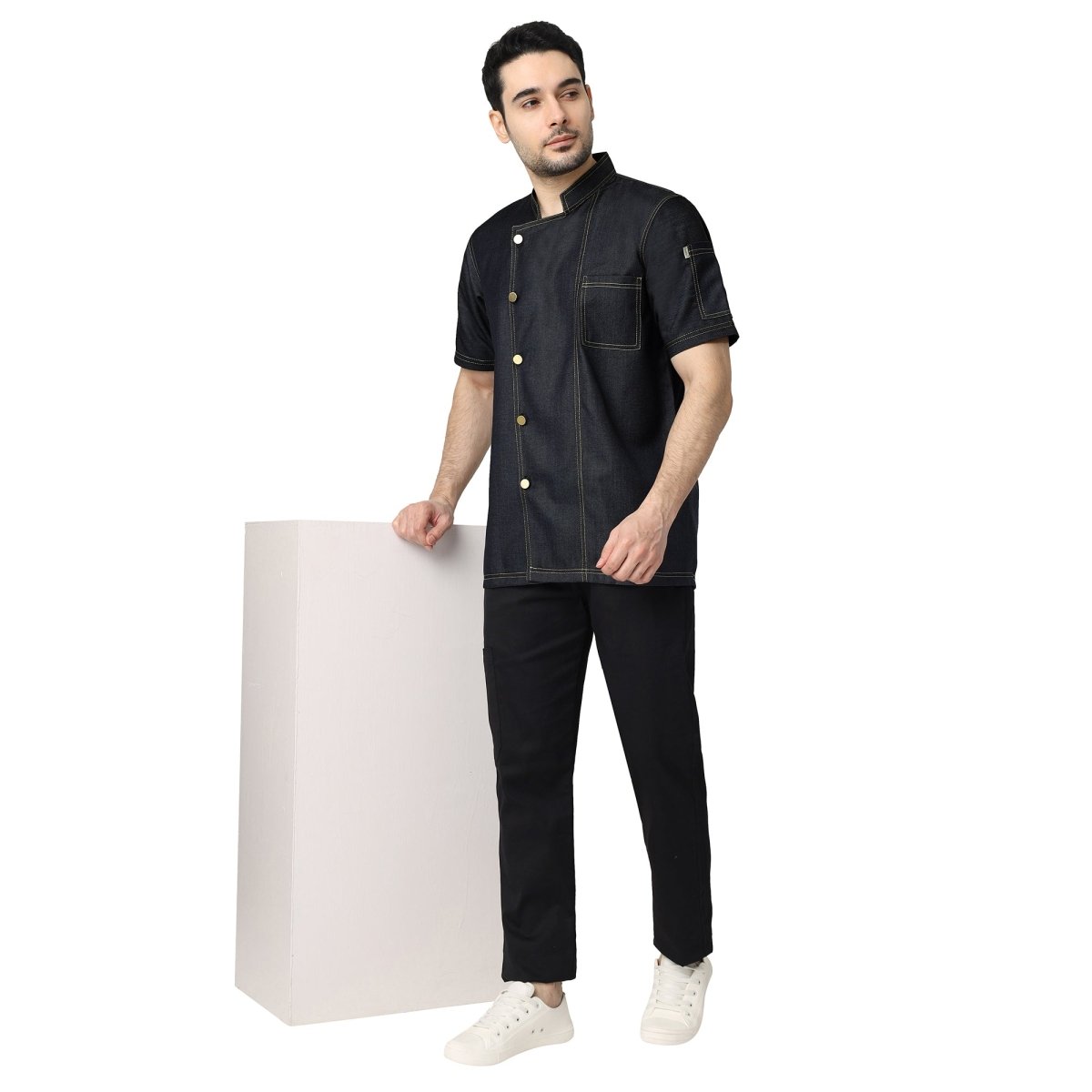 Executive Denim Half Sleeve Chef Coat (Black Grey) - Free Embroidery - Uwears®