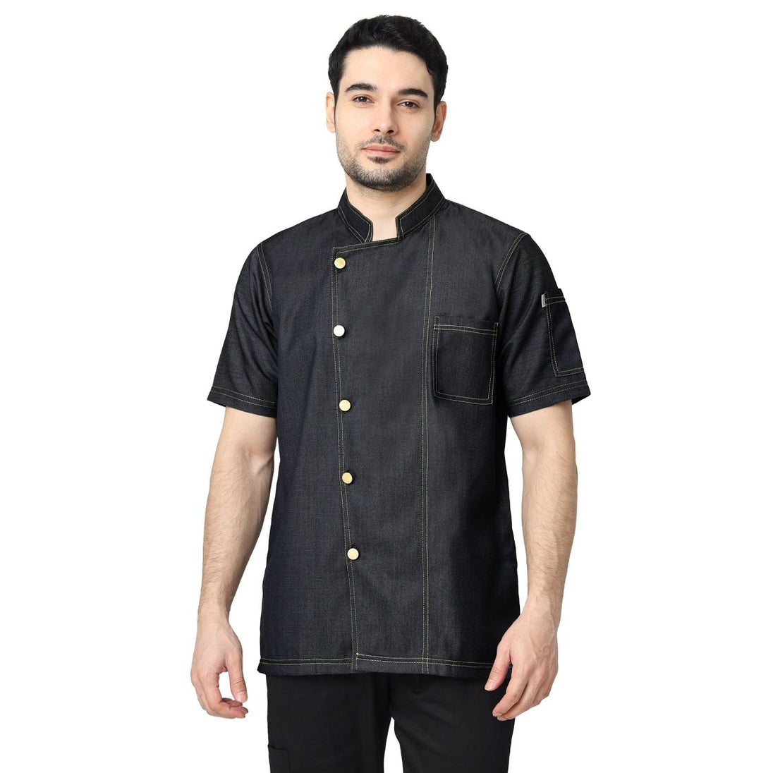 Executive Denim Half Sleeve Chef Coat (Black Grey) - Free Embroidery - Uwears®