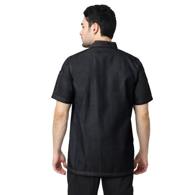 Executive Denim Half Sleeve Chef Coat (Black Grey) - Free Embroidery - Uwears®