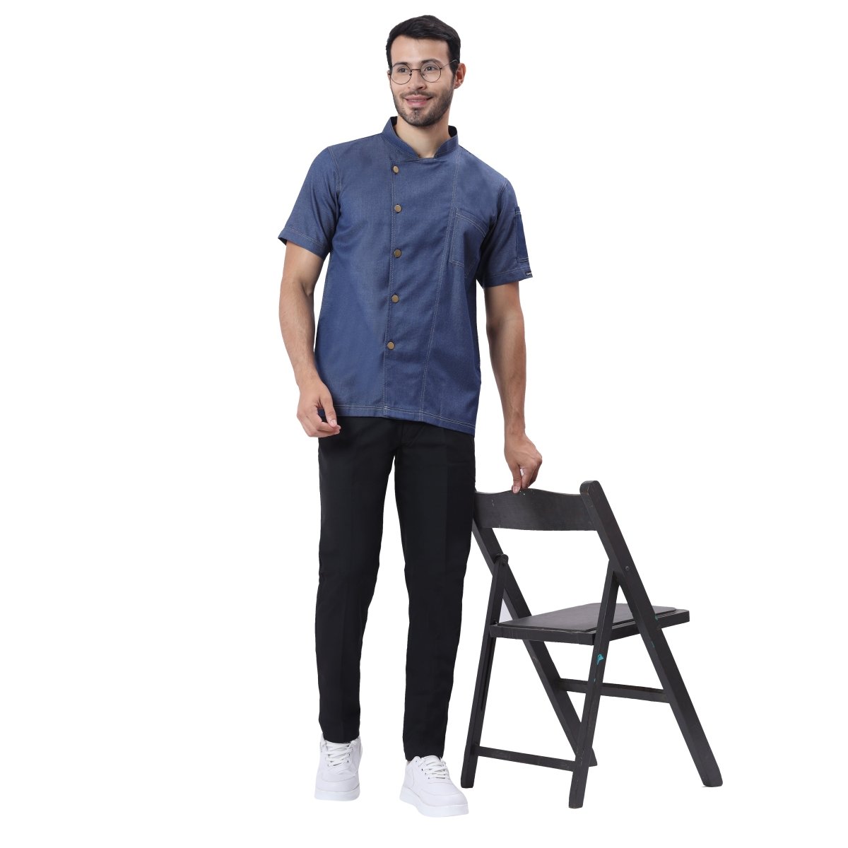 Executive Denim Half Sleeve Chef Coat (Classic Blue) - Free Embroidery - Uwears®