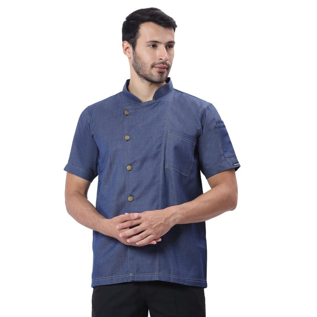 Executive Denim Half Sleeve Chef Coat (Classic Blue) - Free Embroidery - Uwears®