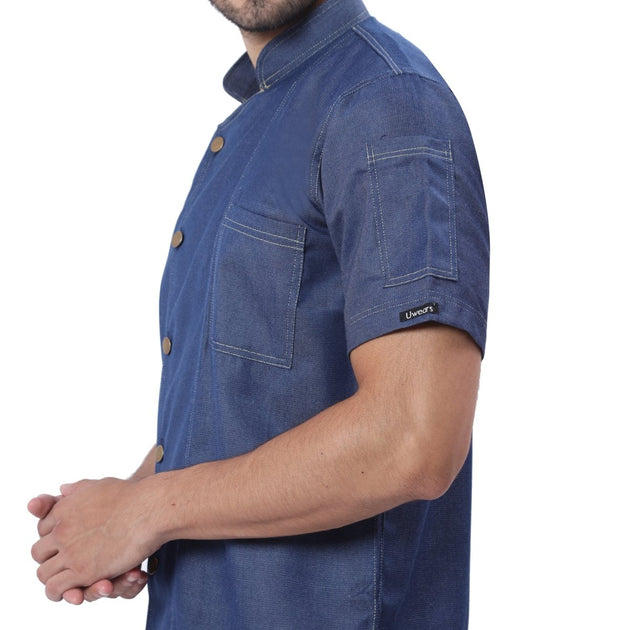 Executive Denim Half Sleeve Chef Coat (Classic Blue) - Free Embroidery - Uwears®