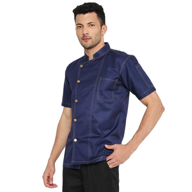Executive Denim Half Sleeve Chef Coat (Dark Blue) - Free Embroidery - Uwears®