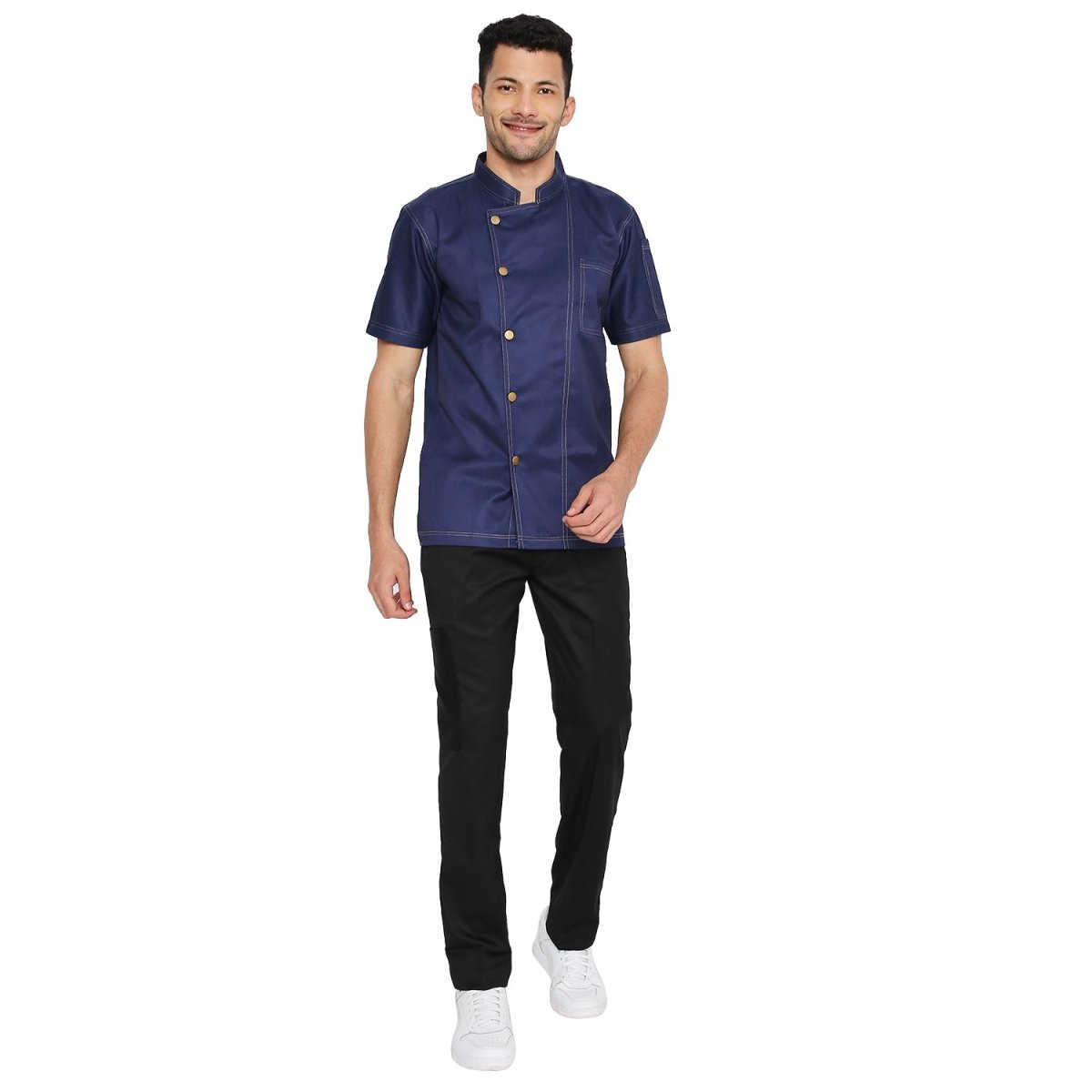 Executive Denim Half Sleeve Chef Coat (Dark Blue) - Free Embroidery - Uwears®