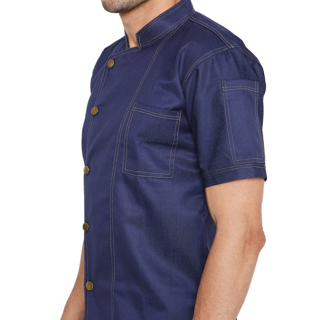Executive Denim Half Sleeve Chef Coat (Dark Blue) - Free Embroidery - Uwears®