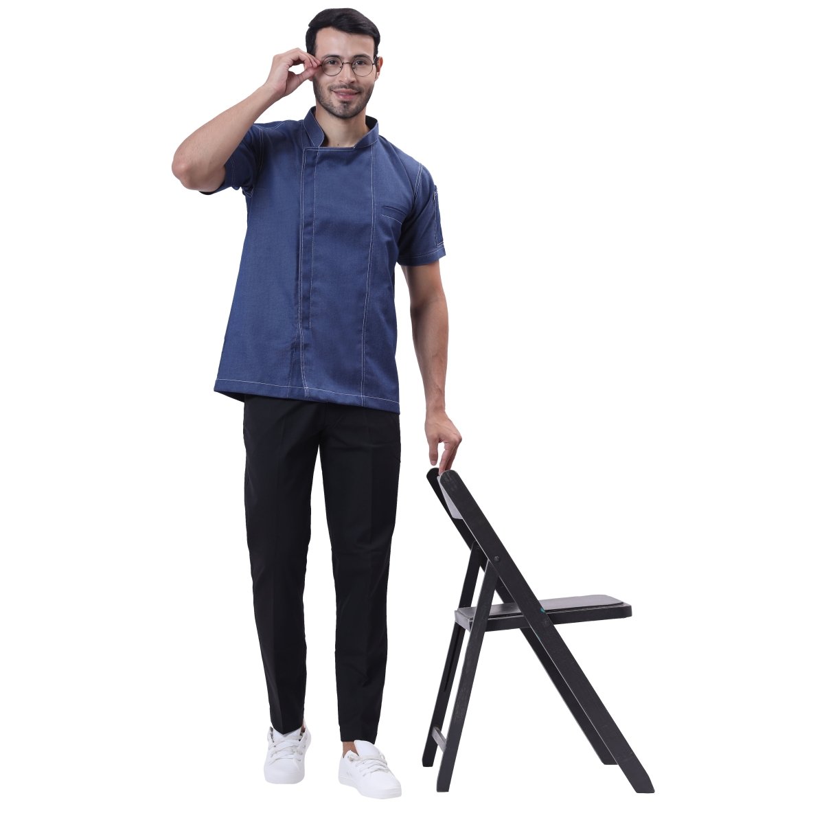 Executive Denim Zipper Chef Coat (Classic Blue) - Free Embroidery - Uwears®