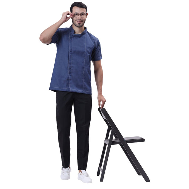 Executive Denim Zipper Chef Coat (Classic Blue) - Free Embroidery - Uwears®