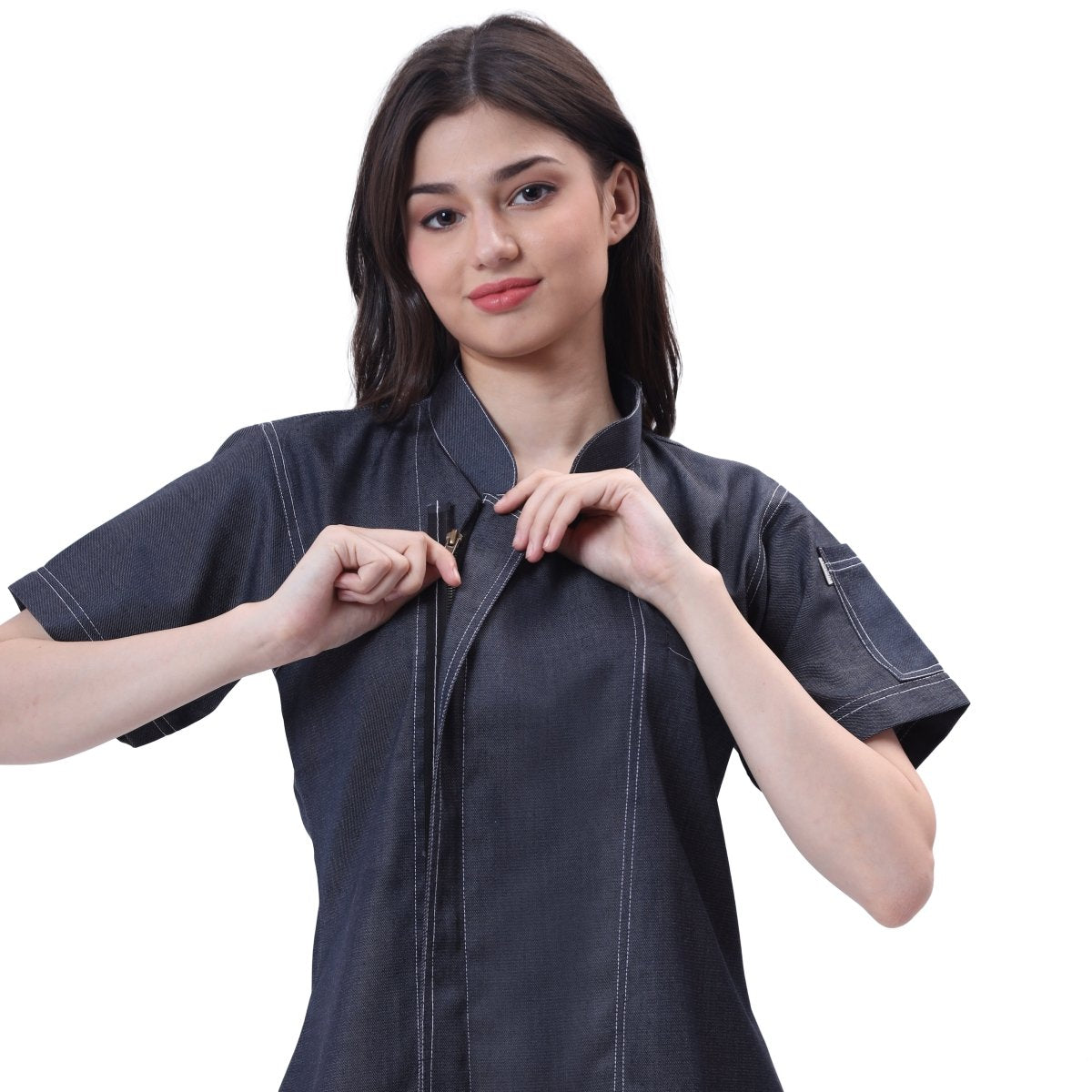 Executive Women's Denim Zipper Chef Coat (Classic Blue) - Free Embroidery - Uwears®