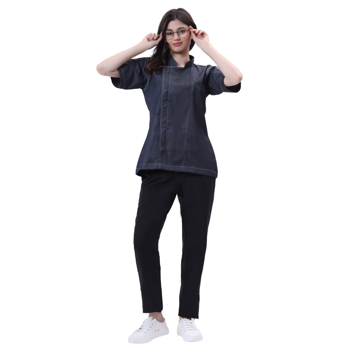 Executive Women's Denim Zipper Chef Coat (Classic Blue) - Free Embroidery - Uwears®