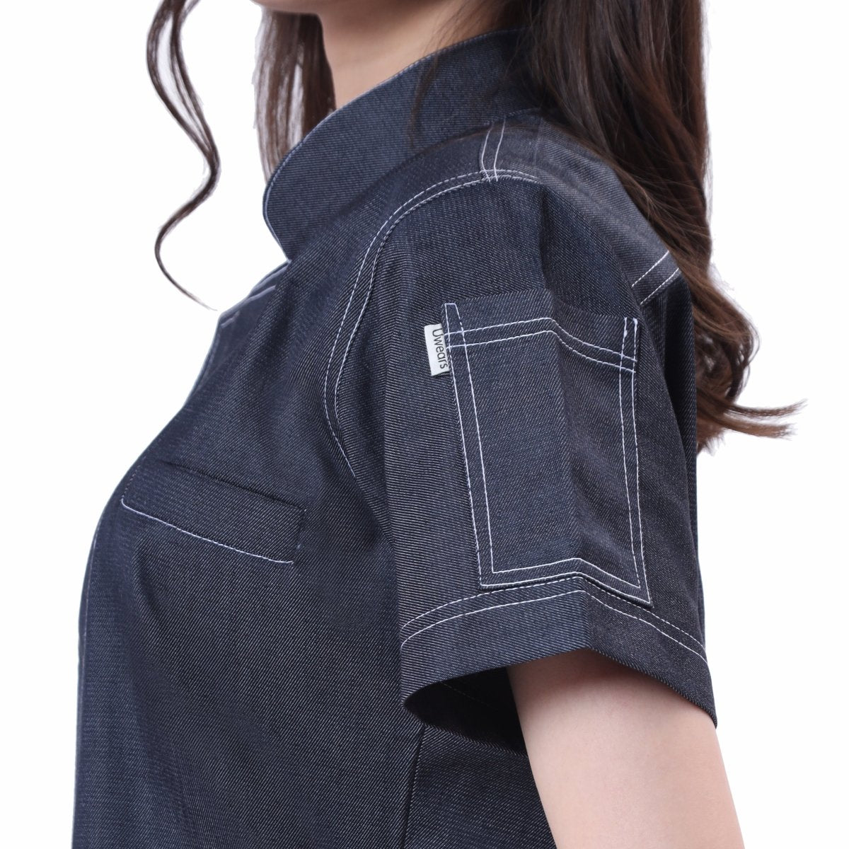 Executive Women's Denim Zipper Chef Coat (Classic Blue) - Free Embroidery - Uwears®