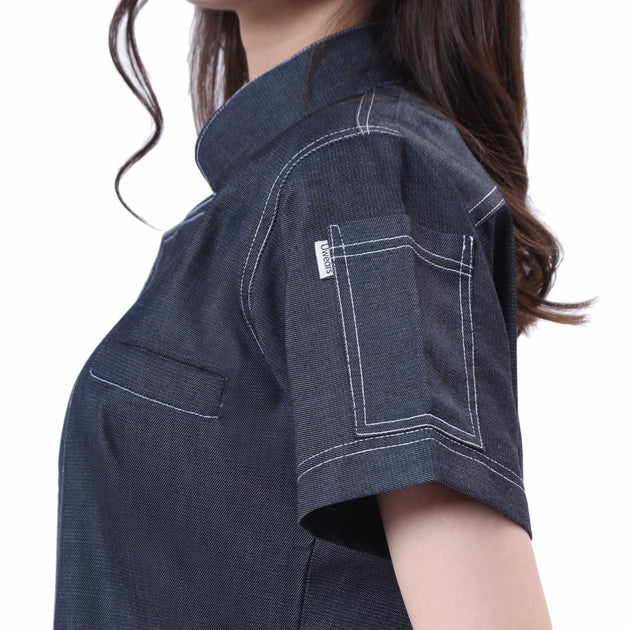 Executive Women's Denim Zipper Chef Coat (Classic Blue) - Free Embroidery - Uwears®