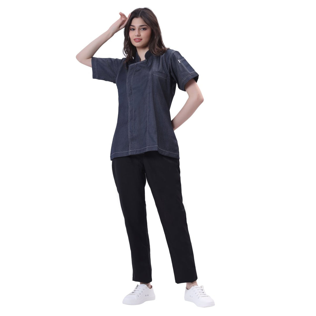 Executive Women's Denim Zipper Chef Coat (Classic Blue) - Free Embroidery - Uwears®