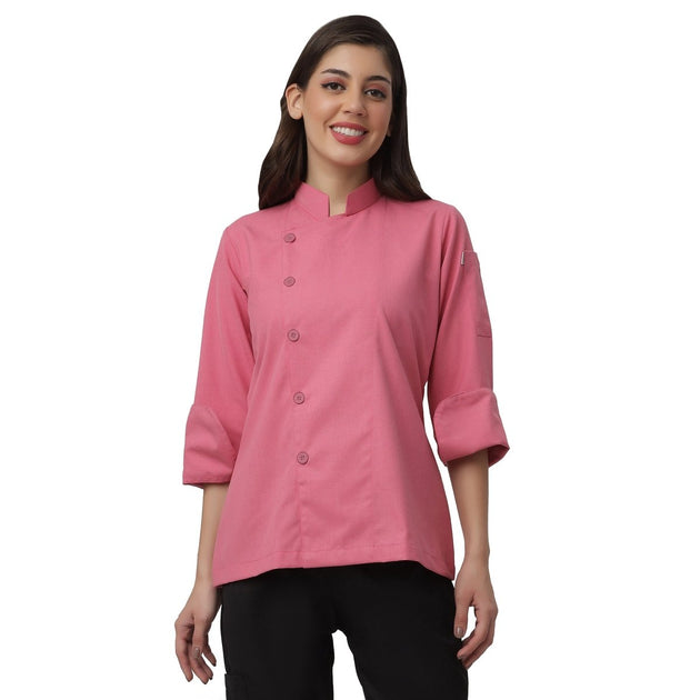 Lite Women Full Sleeve Chef Coat (Pink) - Free Embroidery - Uwears®